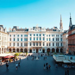 A beautiful large white palace, surrounded by a stunning historic square in Europe