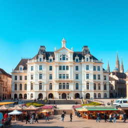 A beautiful large white palace, surrounded by a stunning historic square in Europe