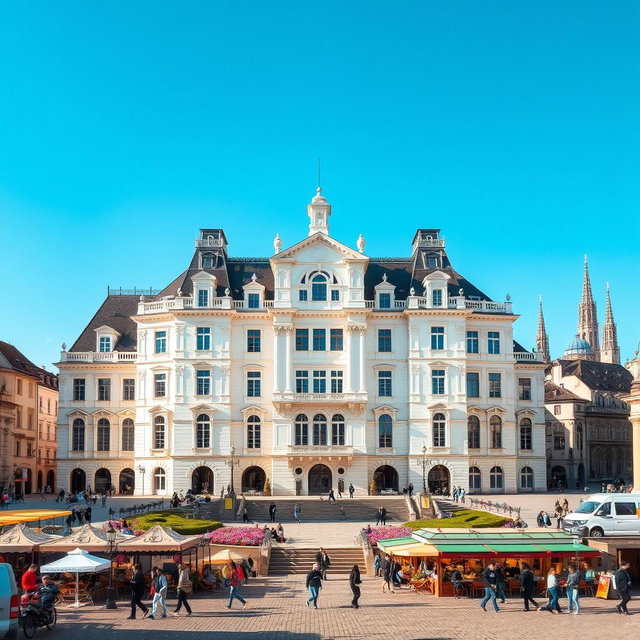 A beautiful large white palace, surrounded by a stunning historic square in Europe