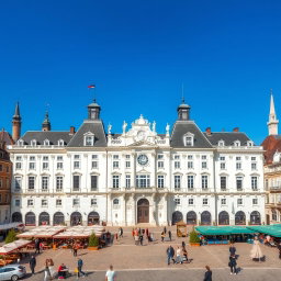 A beautiful large white palace, surrounded by a stunning historic square in Europe
