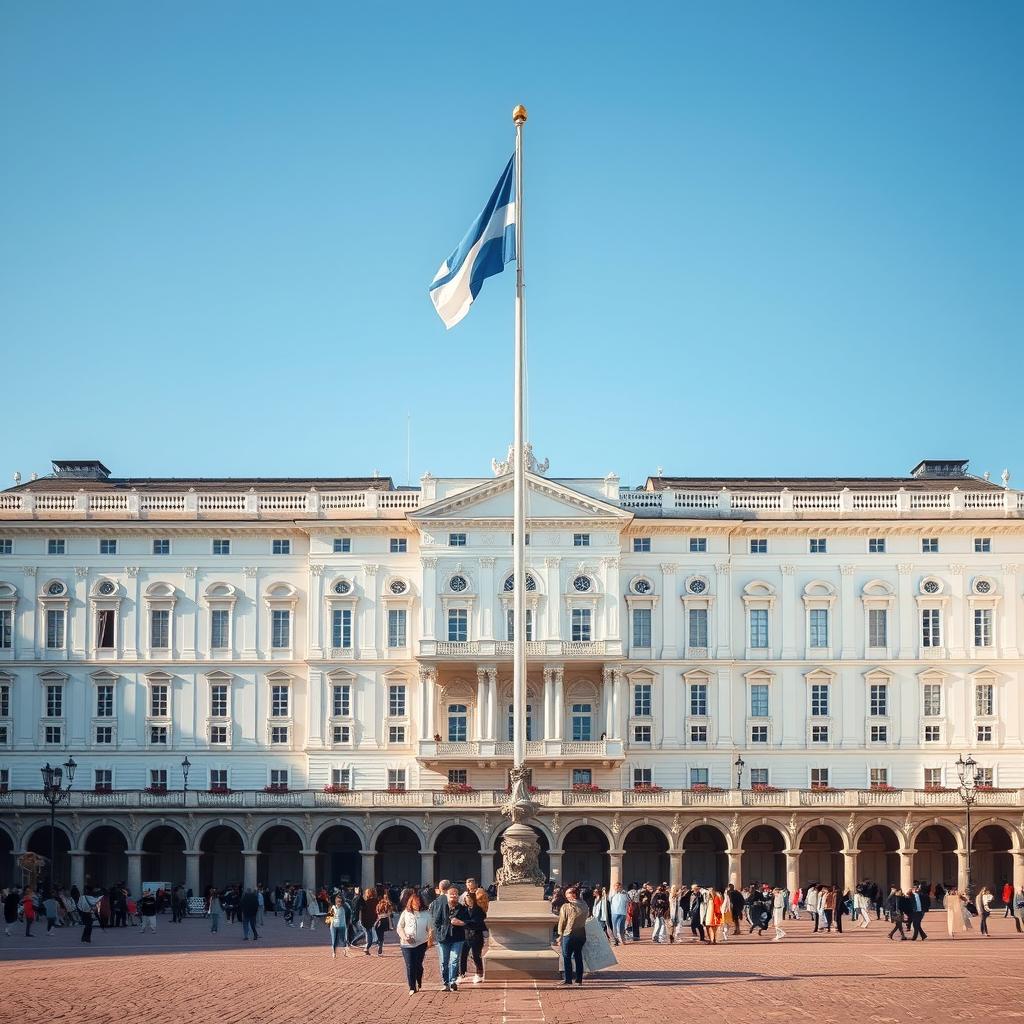 A grand, enormous, and beautiful white palace standing majestically in front of a historic civic square
