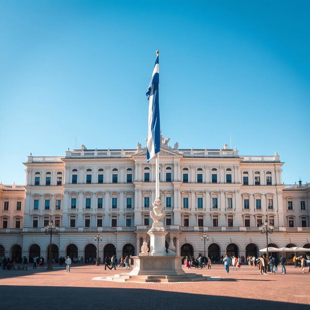 A grand, enormous, and beautiful white palace standing majestically in front of a historic civic square