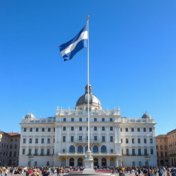 A grand, enormous, and beautiful white palace standing majestically in front of a historic civic square