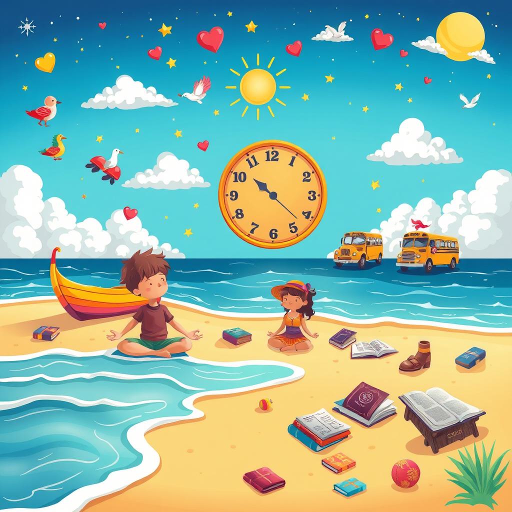 A vibrant cartoon-style illustration depicting a peaceful scene on a beach