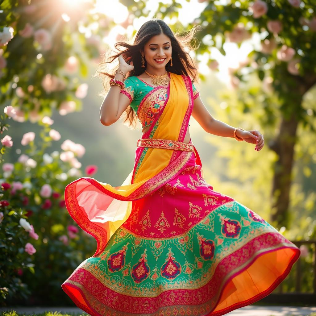 A vibrant scene featuring a young woman wearing a traditional Indian skirt known as a lehenga, adorned with intricate embroidery and bright colors