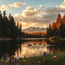 A stunning landscape of a serene lake surrounded by tall pine trees, reflecting the soft golden hues of a sunset