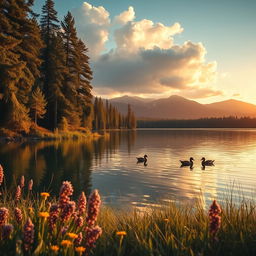 A stunning landscape of a serene lake surrounded by tall pine trees, reflecting the soft golden hues of a sunset
