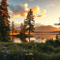 A stunning landscape of a serene lake surrounded by tall pine trees, reflecting the soft golden hues of a sunset