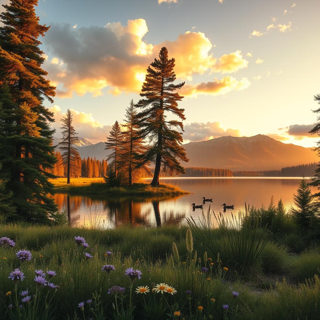 A stunning landscape of a serene lake surrounded by tall pine trees, reflecting the soft golden hues of a sunset