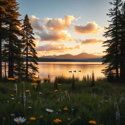 A stunning landscape of a serene lake surrounded by tall pine trees, reflecting the soft golden hues of a sunset