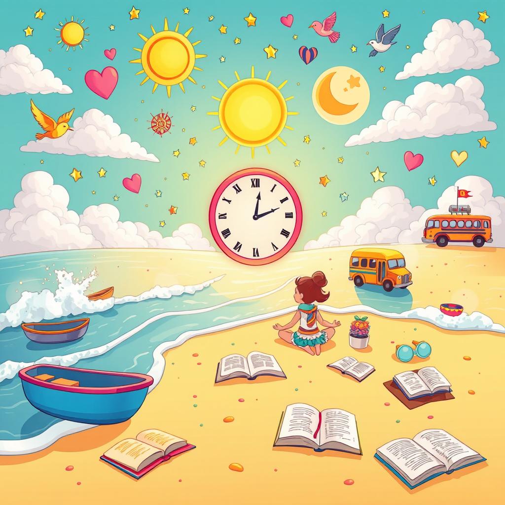 A vibrant cartoon-style illustration depicting a peaceful scene on a beach