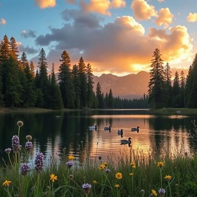 A stunning landscape of a serene lake surrounded by tall pine trees, reflecting the soft golden hues of a sunset