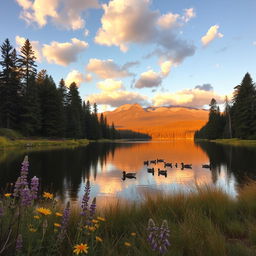 A stunning landscape of a serene lake surrounded by tall pine trees, reflecting the soft golden hues of a sunset