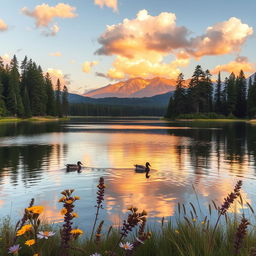 A stunning landscape of a serene lake surrounded by tall pine trees, reflecting the soft golden hues of a sunset