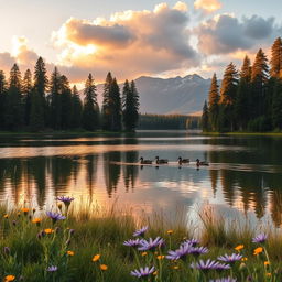 A stunning landscape of a serene lake surrounded by tall pine trees, reflecting the soft golden hues of a sunset