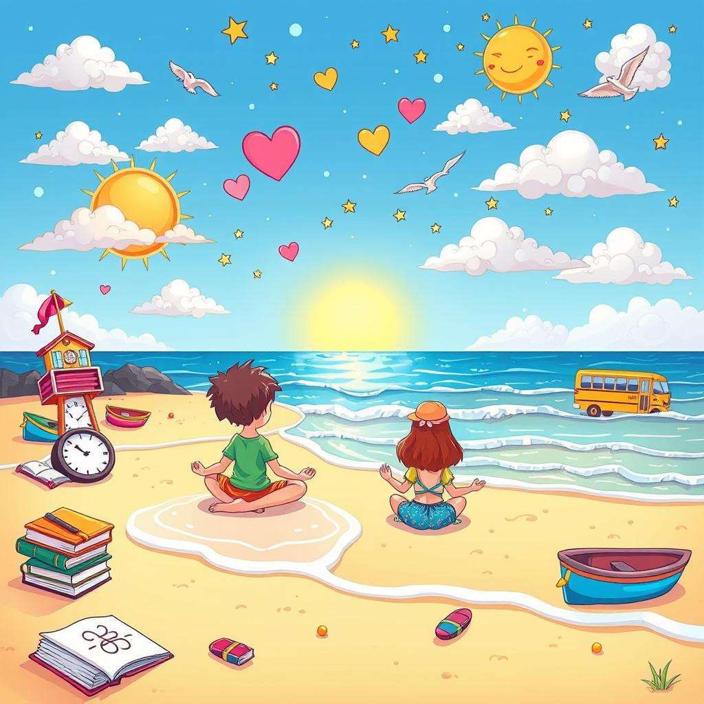 A vibrant cartoon-style illustration depicting a peaceful beach scene