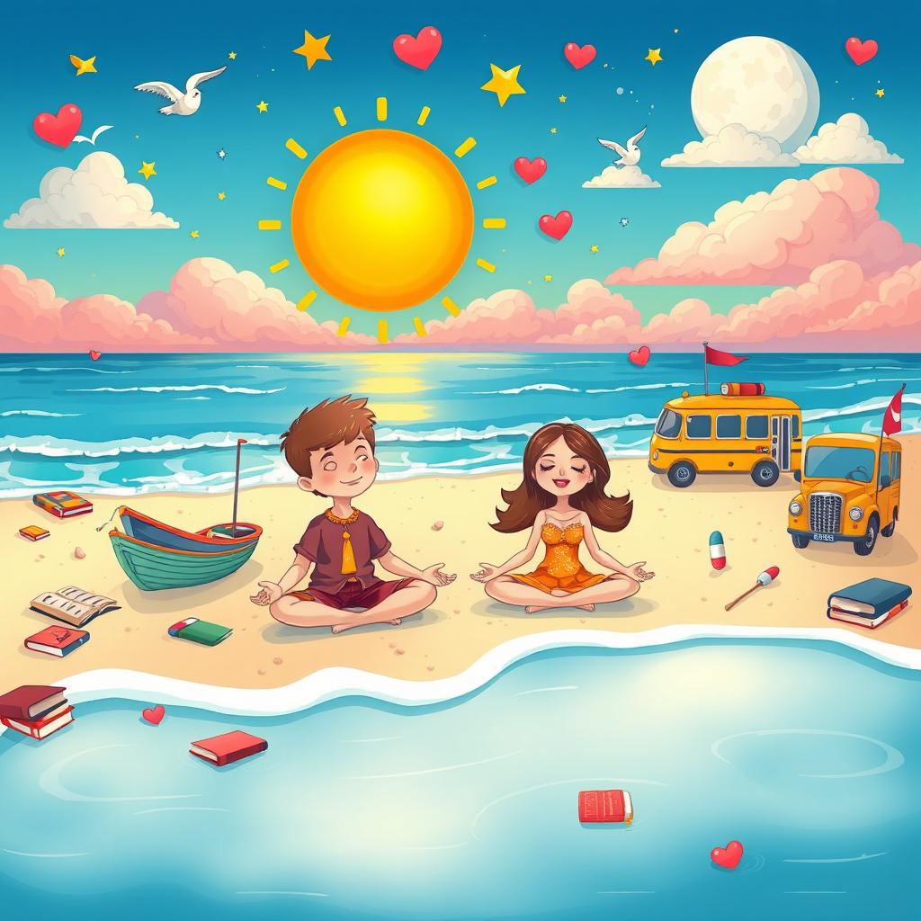 A vibrant cartoon-style illustration depicting a serene beach scene