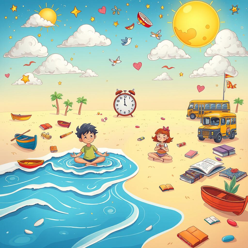 A vibrant cartoon-style illustration depicting a tranquil beach scene