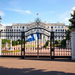 A grand white palace, enormous and sophisticated, protected by a beautiful wrought-iron gate