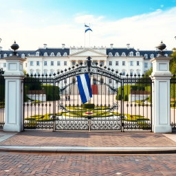 A grand white palace, enormous and sophisticated, protected by a beautiful wrought-iron gate