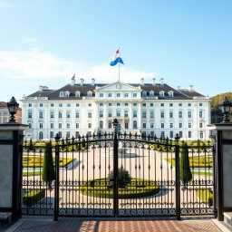A grand white palace, enormous and sophisticated, protected by a beautiful wrought-iron gate