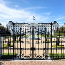A grand white palace, enormous and sophisticated, protected by a beautiful wrought-iron gate