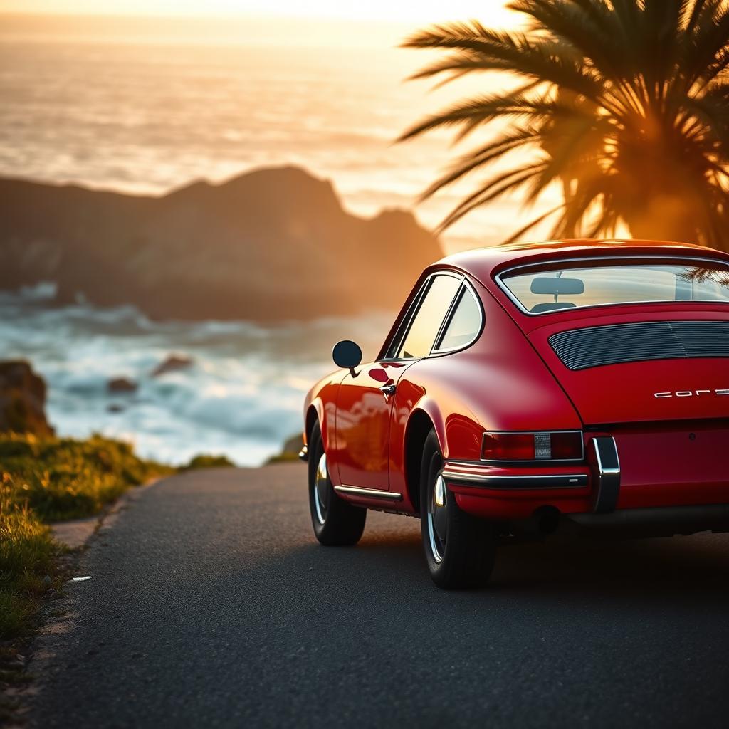 A stunning classic Porsche 912 in a vibrant red color, parked on a picturesque coastal road during sunset