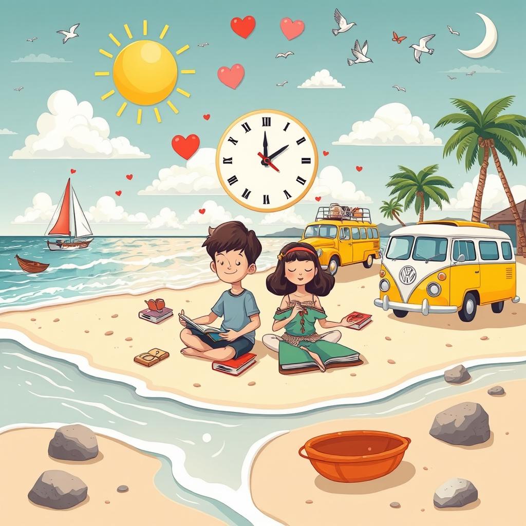 A unique cartoon-style illustration inspired by the 60s/70s era, showcasing a boy and a girl meditating on the sandy beach surrounded by colorful books
