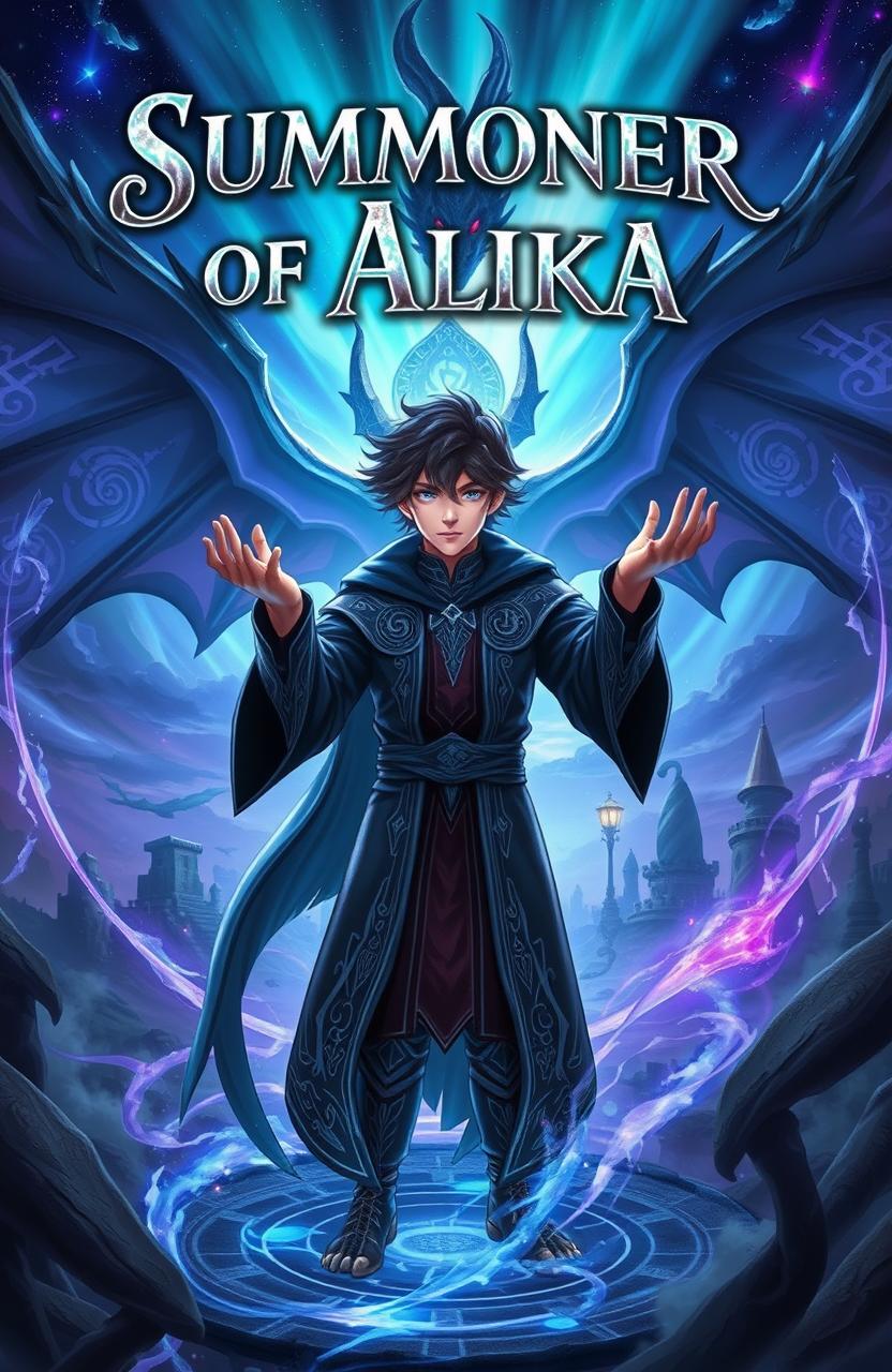 A young male summoner named Auju stands at the center of a glowing summoning circle, encircled by swirling magical energy