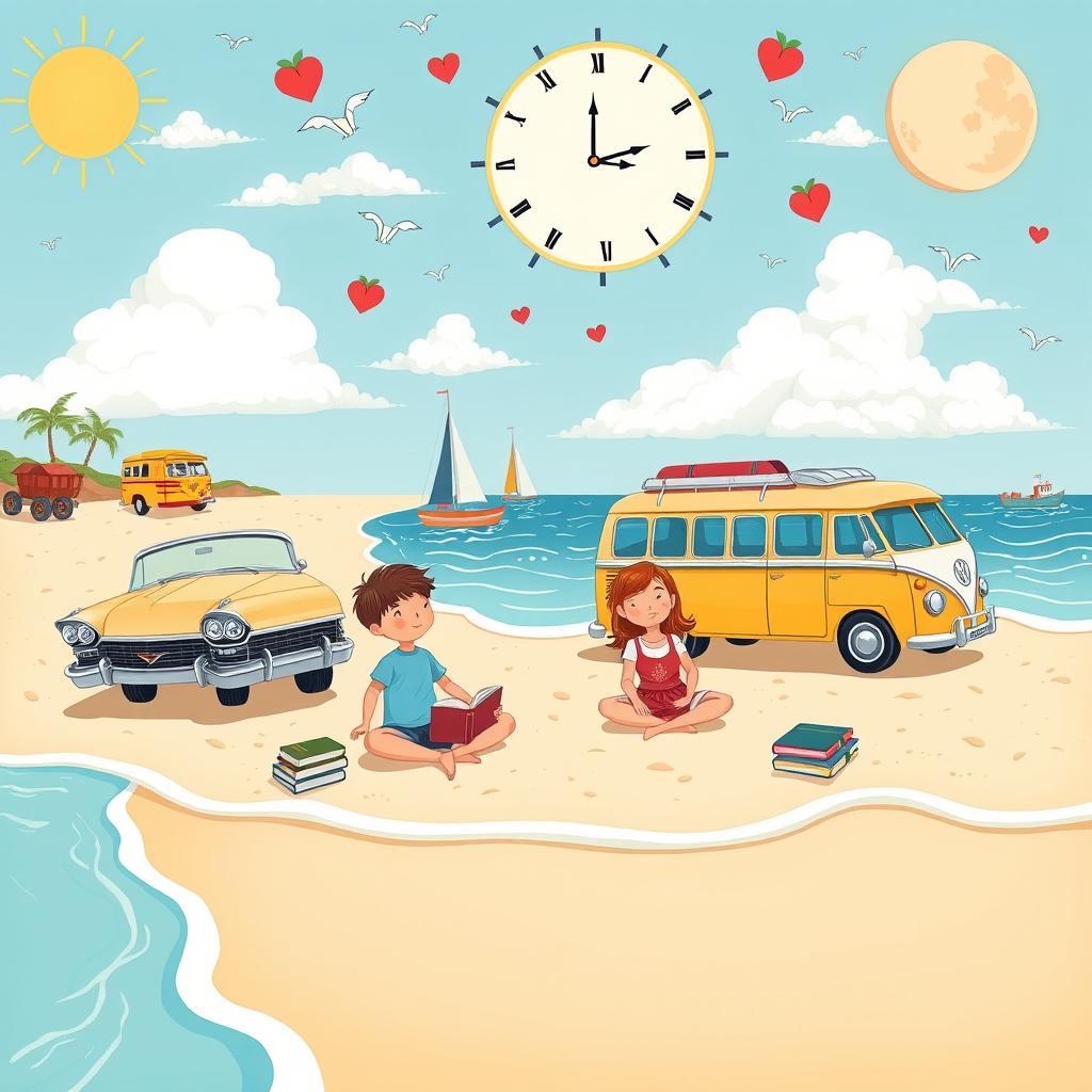 A unique cartoon-style illustration inspired by the 60s and 70s, depicting a boy and a girl meditating on the sandy beach with colorful books around them