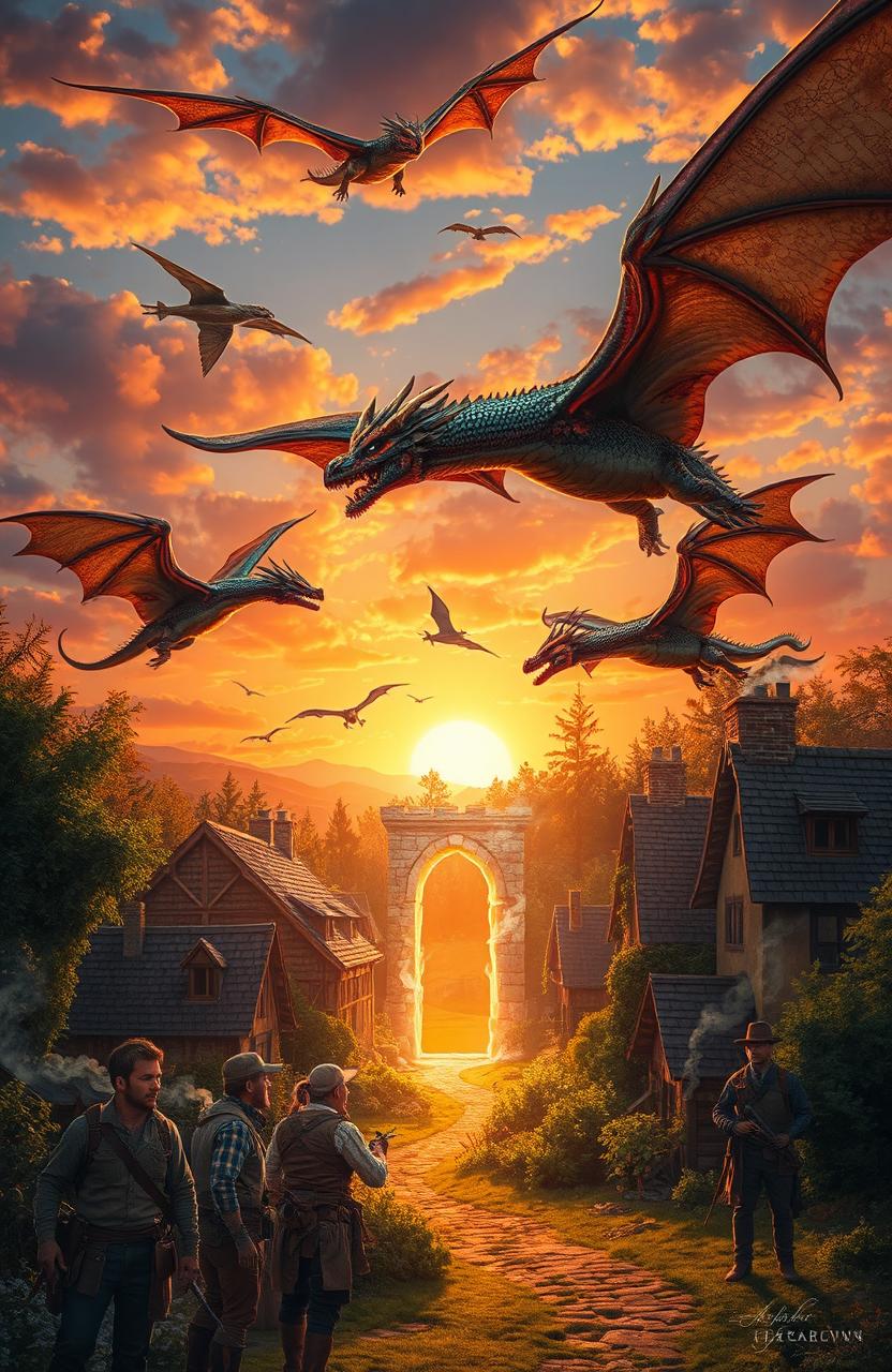 A vivid scene featuring majestic dragons soaring through the skies above idyllic villages reminiscent of the 1800s