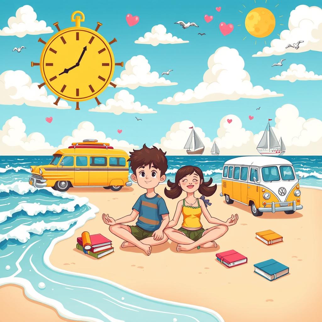 A unique 60s/70s cartoon-style illustration featuring a boy and a girl meditating on the sandy beach surrounded by colorful books