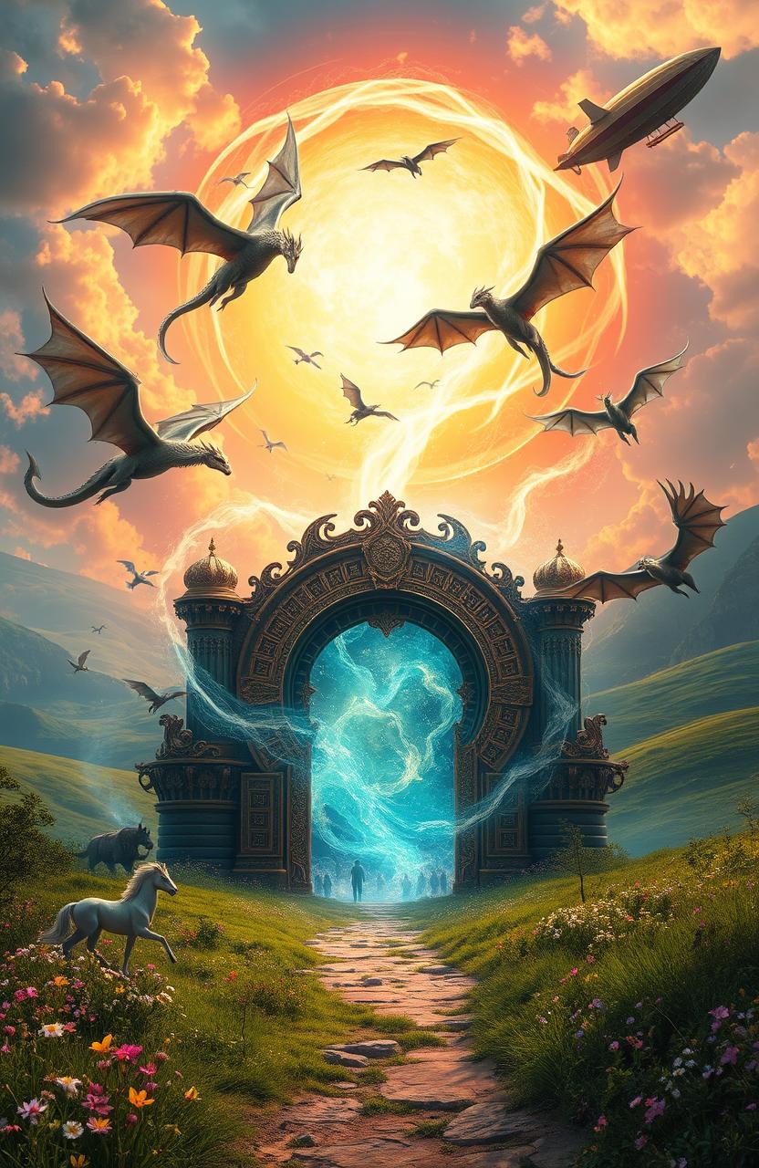 A majestic portal swirling with mystical energies, set against a backdrop of an 1800s fantasy landscape