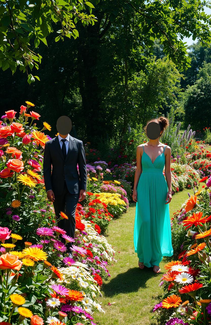 A vibrant scene featuring faceless men and women enjoying a lush garden filled with an abundance of colorful flowers