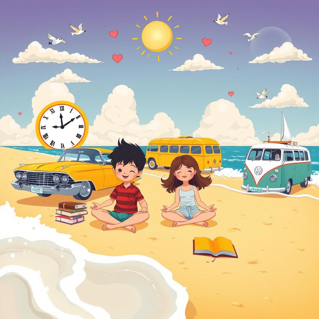 A unique 60s/70s cartoon-style illustration featuring a boy and a girl meditating on the warm sandy beach, surrounded by vibrant books