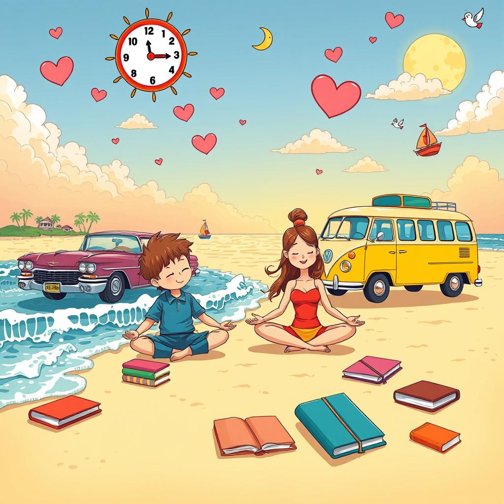 A unique 60s/70s cartoon-style illustration featuring a boy and a girl meditating peacefully on the sandy beach surrounded by colorful books