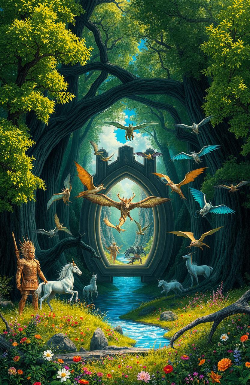 A hidden portal nestled within a lush, enchanted forest, surrounded by towering ancient trees with vibrant green leaves