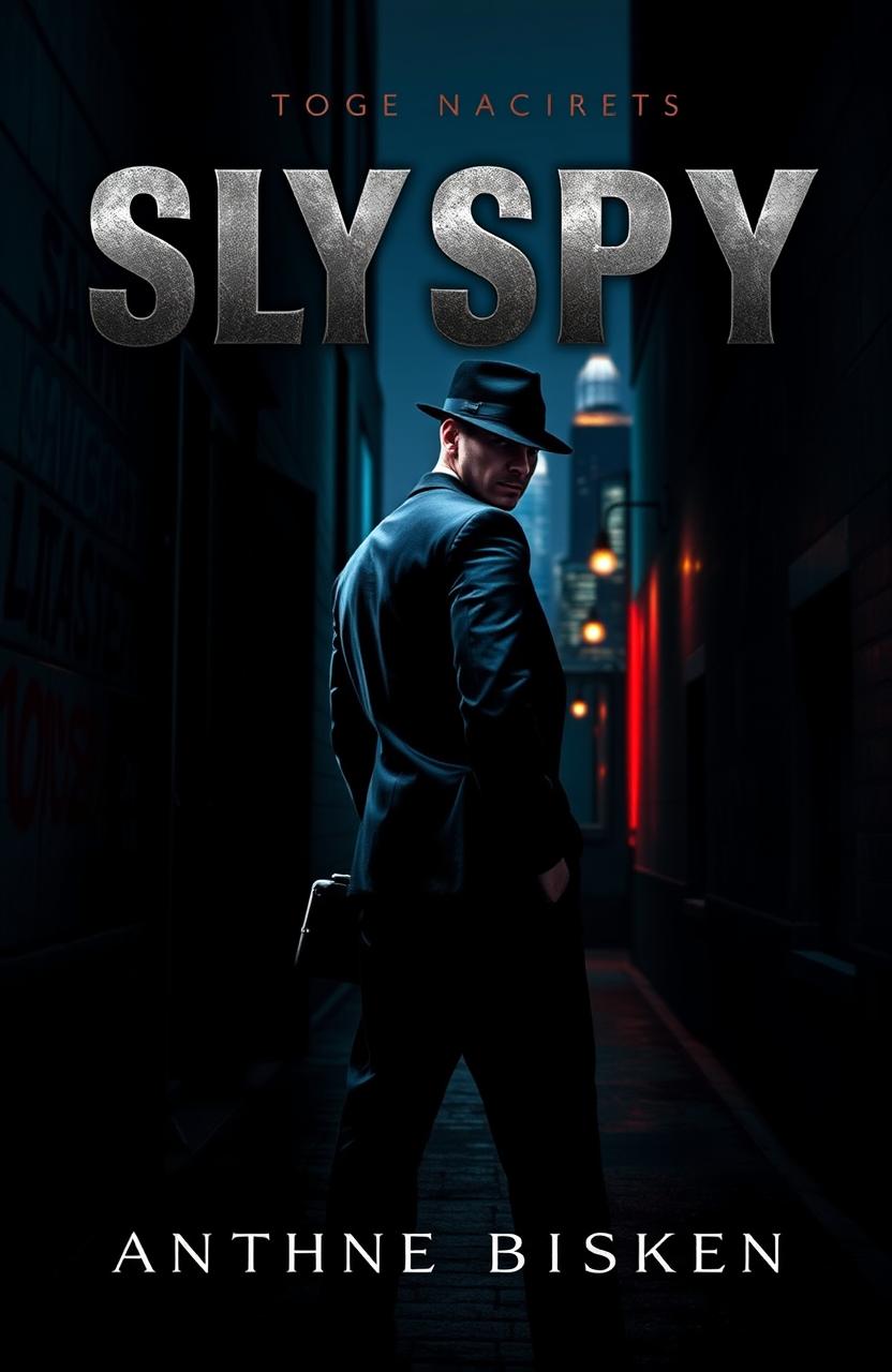 An intense book cover featuring a mysterious spy in a sleek black suit, standing in a shadowy alley