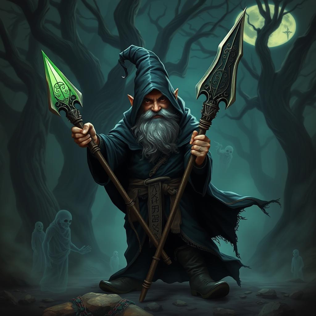 A middle-aged gnome warlock practicing necromancy in a dark and mystical forest