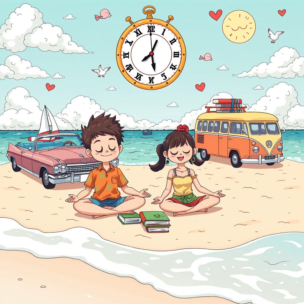 A unique manga-style cartoon illustration featuring a boy and a girl meditating peacefully on sandy beach, surrounded by colorful books
