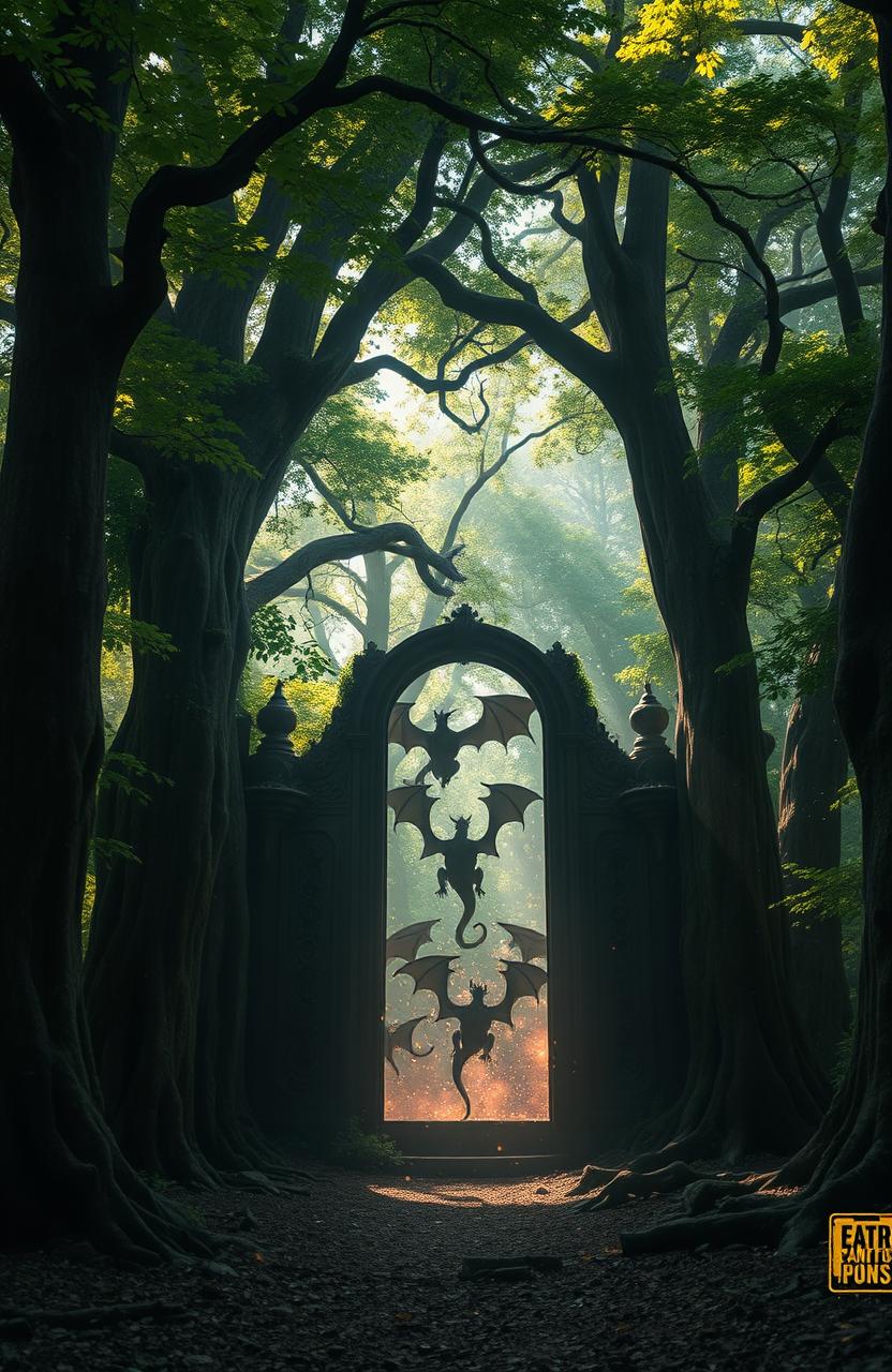 A mysterious disappearing portal standing alone in an ancient, dense forest, surrounded by tall, thick trees with vibrant green leaves