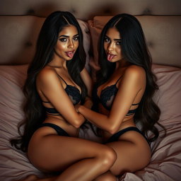 Two Latina twins with long hair and petite figures, wearing stylish lingerie as they cuddly intimately in bed