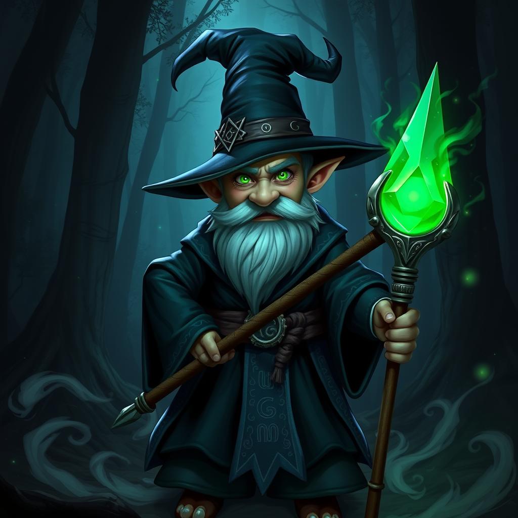 A mysterious gnome warlock, clad in dark robes adorned with intricate silver runes, stands confidently in a shadowy forest clearing