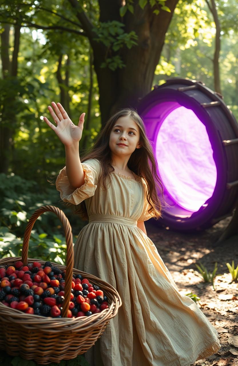 A 20-year-old girl in a simple, worn dress from the 1800s, reaching out towards a vibrant purple portal that has mysteriously appeared in the midst of a lush, enchanted forest