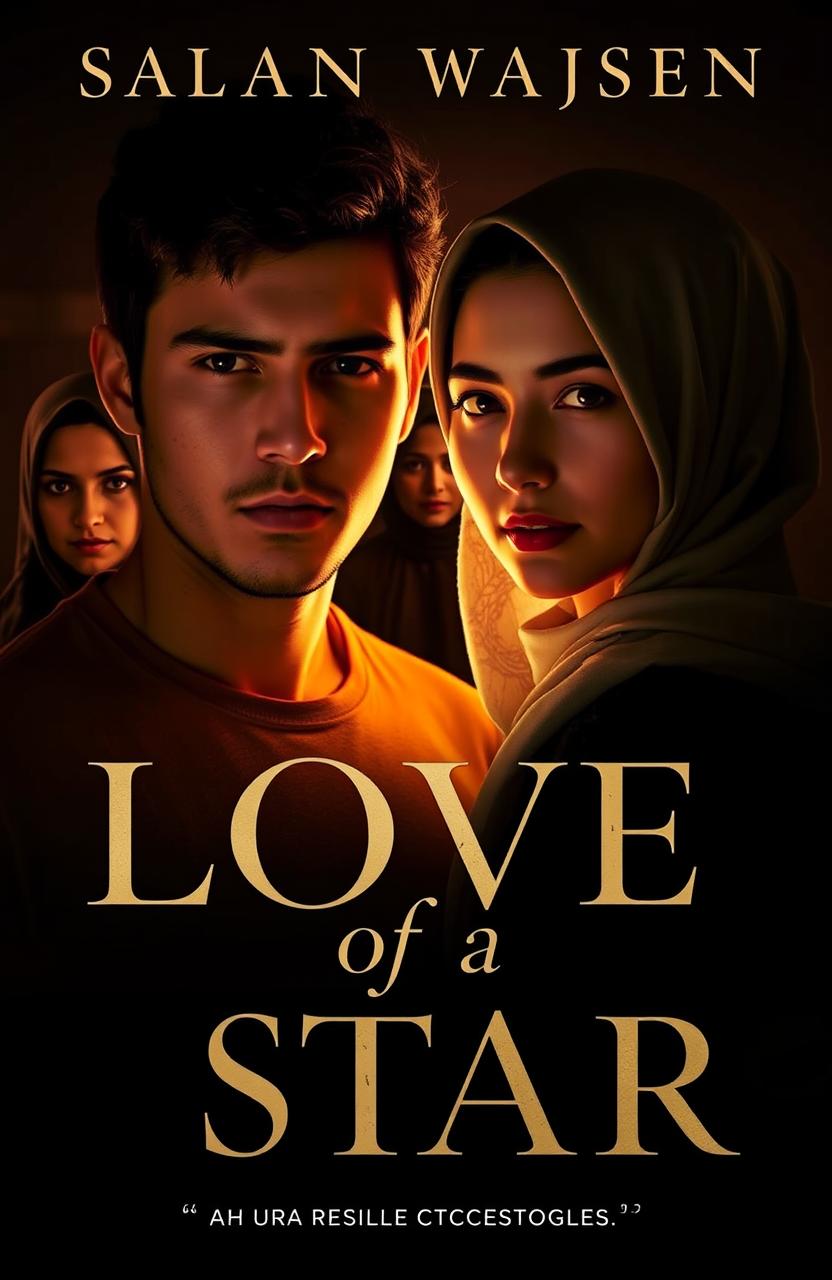 A captivating book cover featuring a young man and woman in their 20s at the center, illuminated by soft, warm light