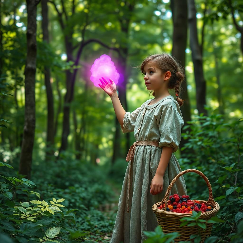 A 20 year old girl wearing a simple, tattered dress typical of the 1800s, standing in a dense forest, her hand reaching towards a vibrant purple portal that has suddenly appeared in the air around her