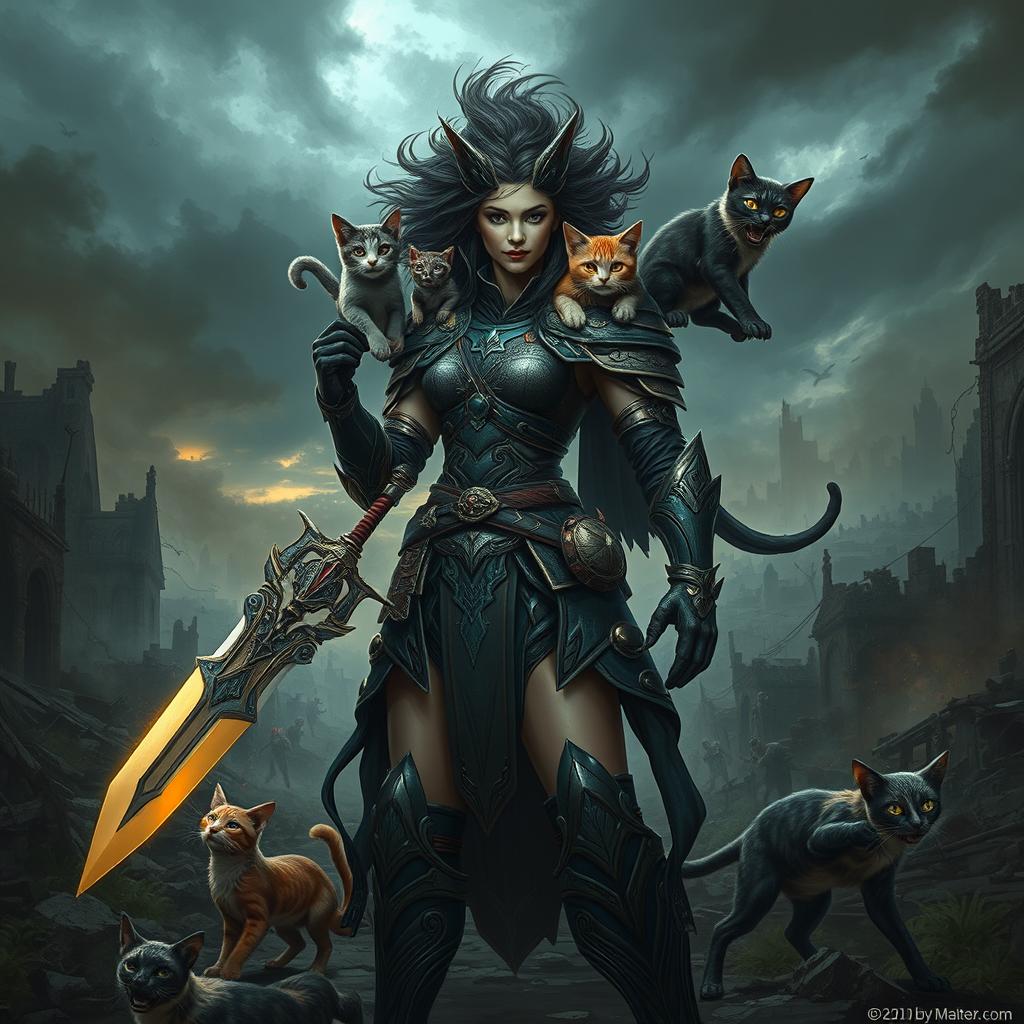 A fierce warrior queen standing proudly in a post-apocalyptic zombie land, wearing intricately designed battle armor adorned with feline motifs