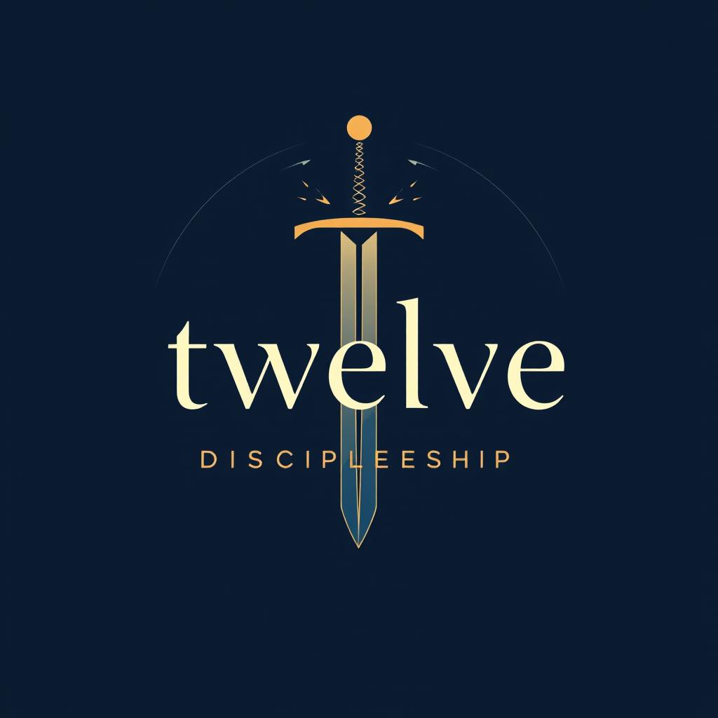 A logo design for a Discipleship Ministry featuring the word 'twelve' in lowercase letters elegantly arching across the top of a stylized sword