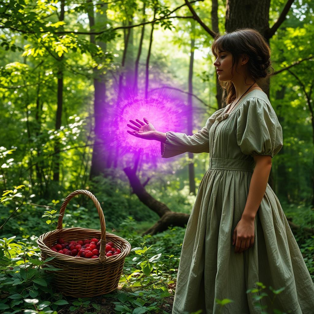 A scene in an enchanting forest during the 1800s featuring a 20-year-old woman wearing a simple, worn dress that reflects her humble background