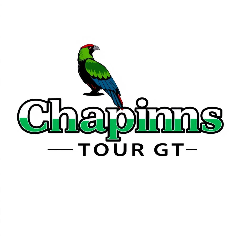 A modern logo design incorporating the name 'Chapinns Tour GT' elegantly integrated with an illustration of a quetzal bird, symbolizing the rich culture and beauty of Guatemala